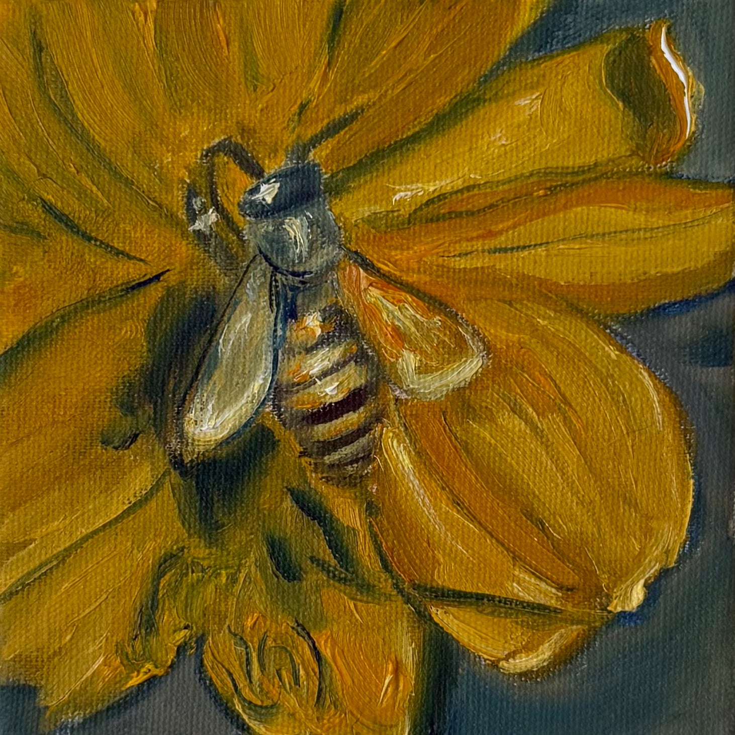 "Abelha na flor amarela", 10x10 cm Original